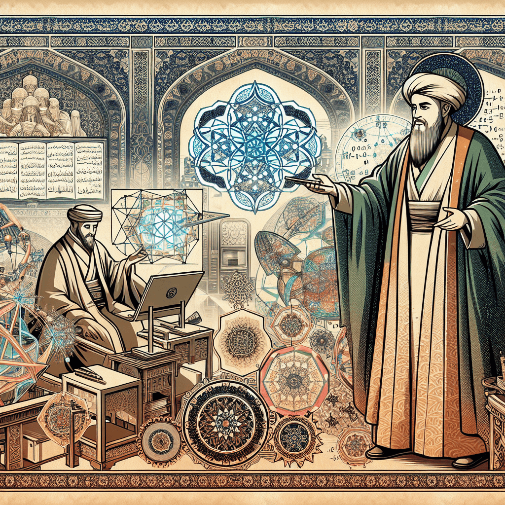 Create an image depicting the influence of Al-Khwarizmi, a historical mathematician, on modern education in Kuwait, blending elements of ancient Islamic scholarship with contemporary educational settings.