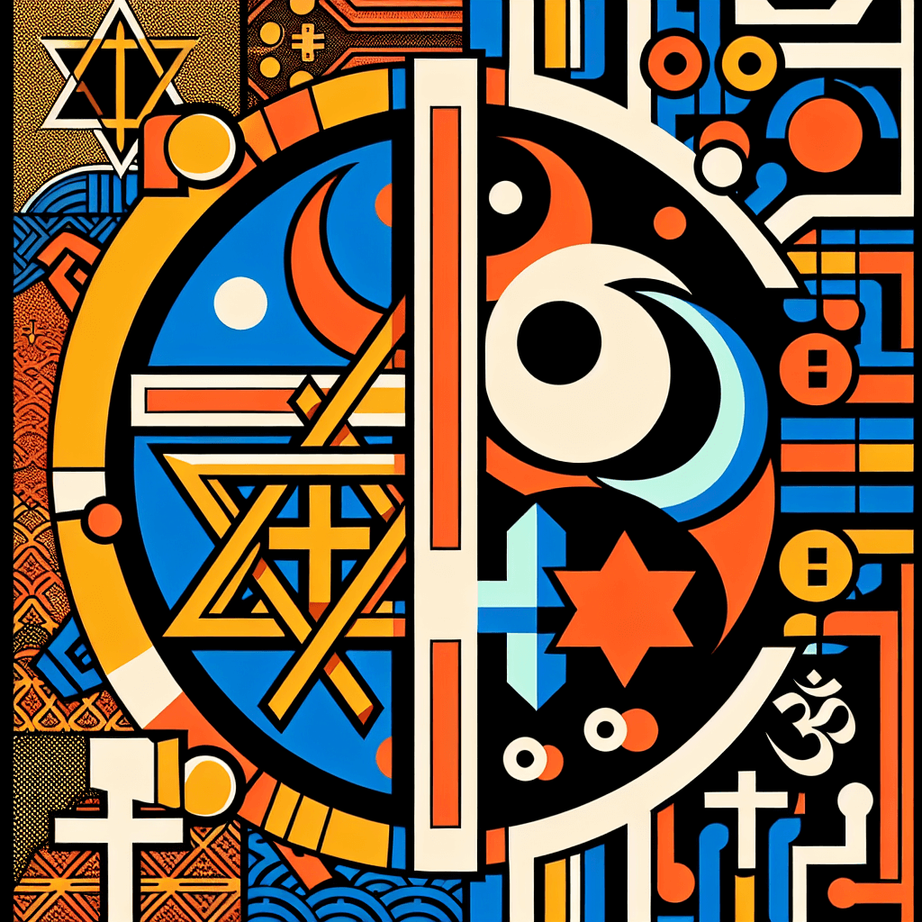 Create an image depicting diverse religious symbols intertwined with digital cryptocurrency elements, symbolizing the integration of crypto across different faith boundaries.