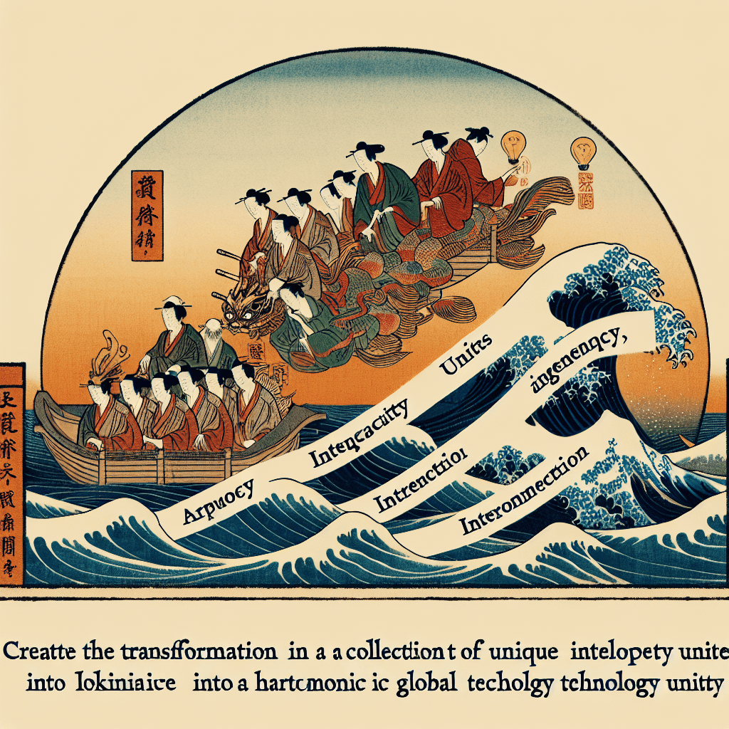 Create an image depicting SoftBank's transformation from a collection of intriguing IP entities into a cohesive global tech synergy, highlighting innovation and connectivity.