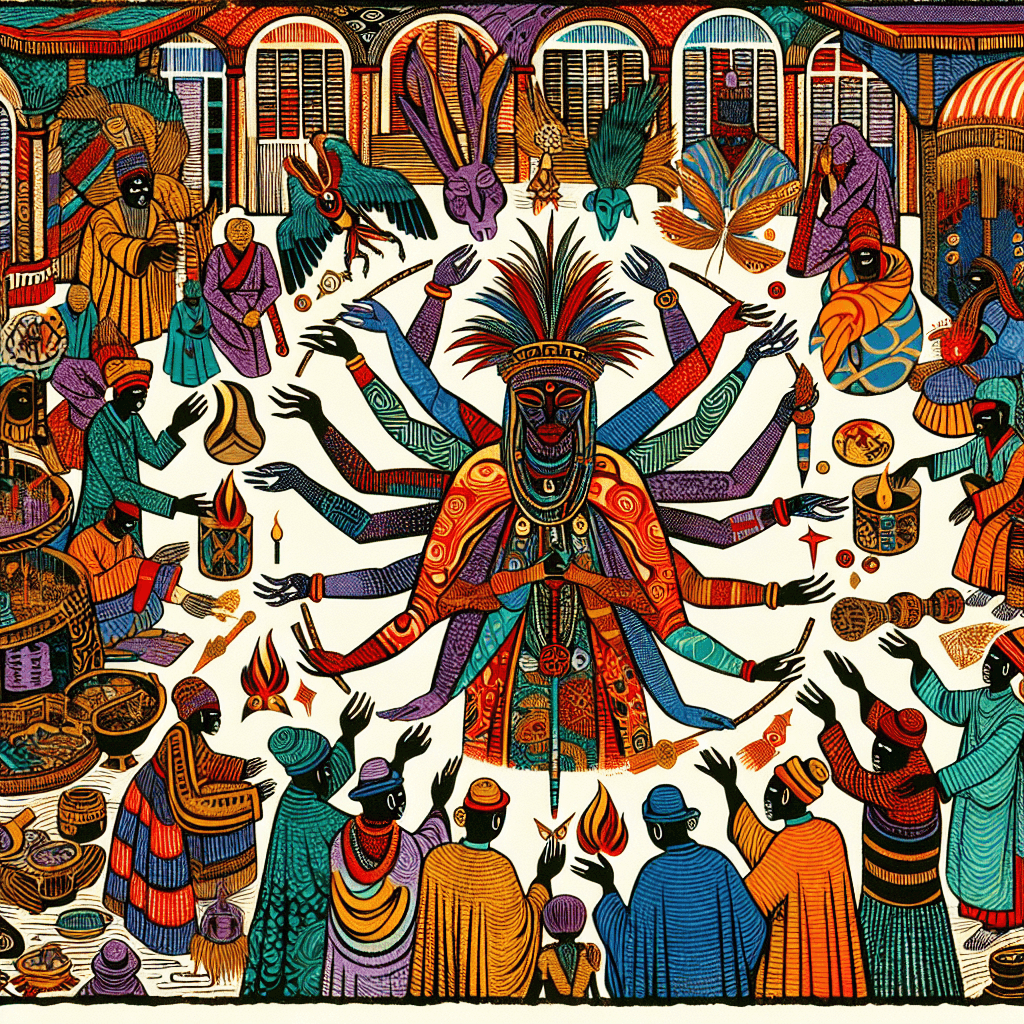 Create an image depicting the vibrant and mystical essence of Haitian Voodoo culture, highlighting its spiritual rituals, symbols, and community gatherings.