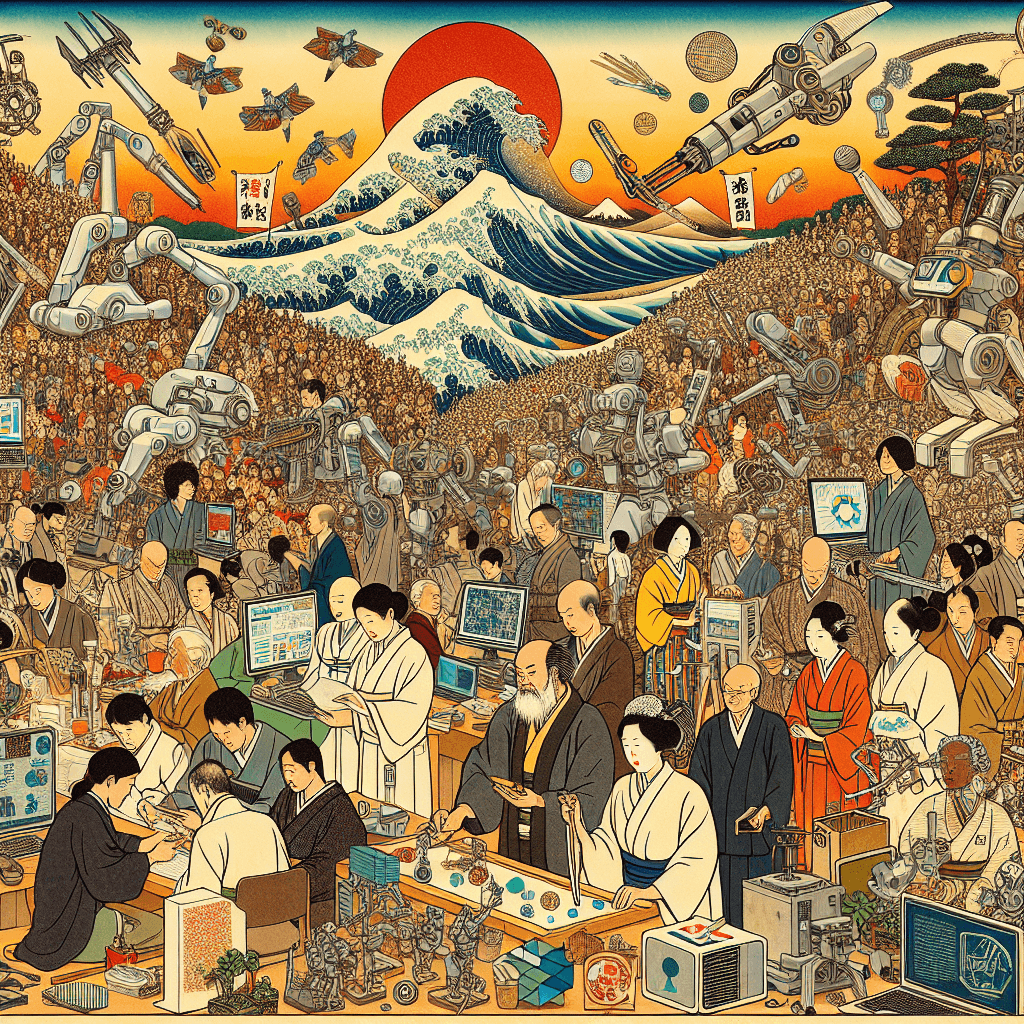 Create an image depicting SoftBank's focus on AI, robotics, and R&D, highlighting themes of innovation and philanthropy.