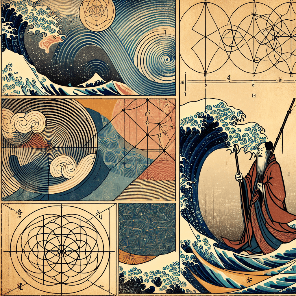 Create an image that blends the precision of mathematical formulas and geometric shapes with the ethereal and abstract elements of mystical insights, symbolizing the fusion of rigorous science and intuitive wisdom.