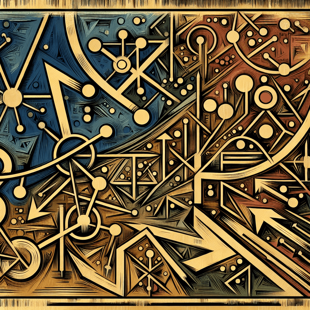 Create an image depicting abstract mathematical concepts, with interconnected shapes and arrows representing the relationships and structures in category theory.