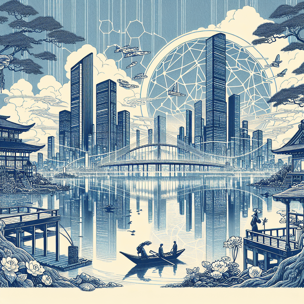 Create an image depicting a futuristic, interconnected network symbolizing collaboration and innovation, inspired by SoftBank's vision of synchronicity.