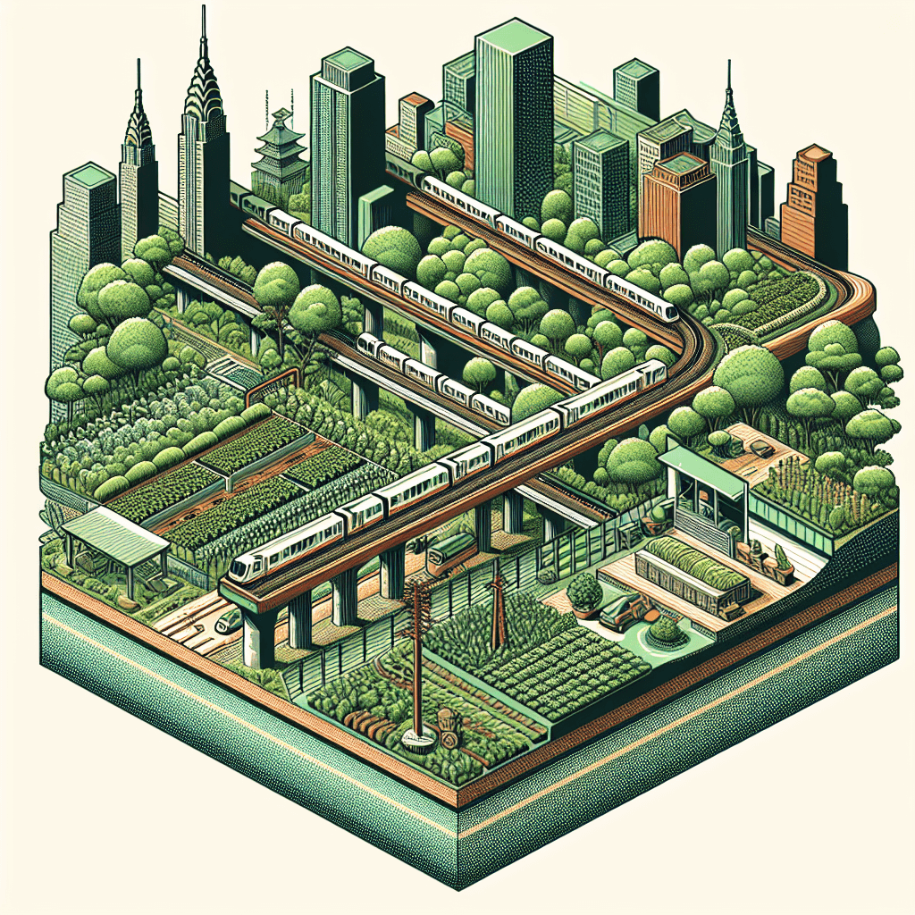 Create an image depicting a revitalized and eco-friendly railway system in the Bronx, featuring lush greenery and modern infrastructure enhancements.