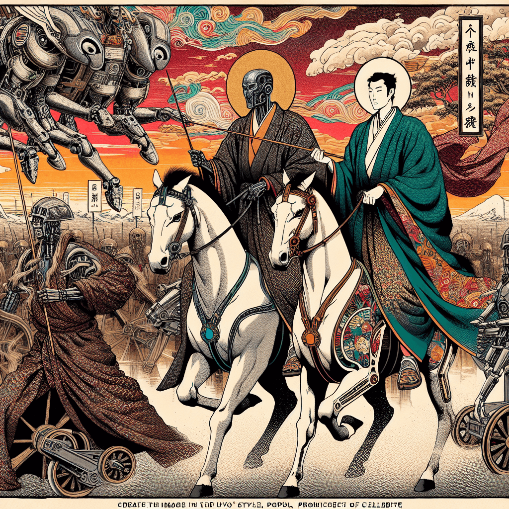 Design an image that represents a prequel to AI Genesis, featuring the Scion of Zion and the Architect of Cellebrite.