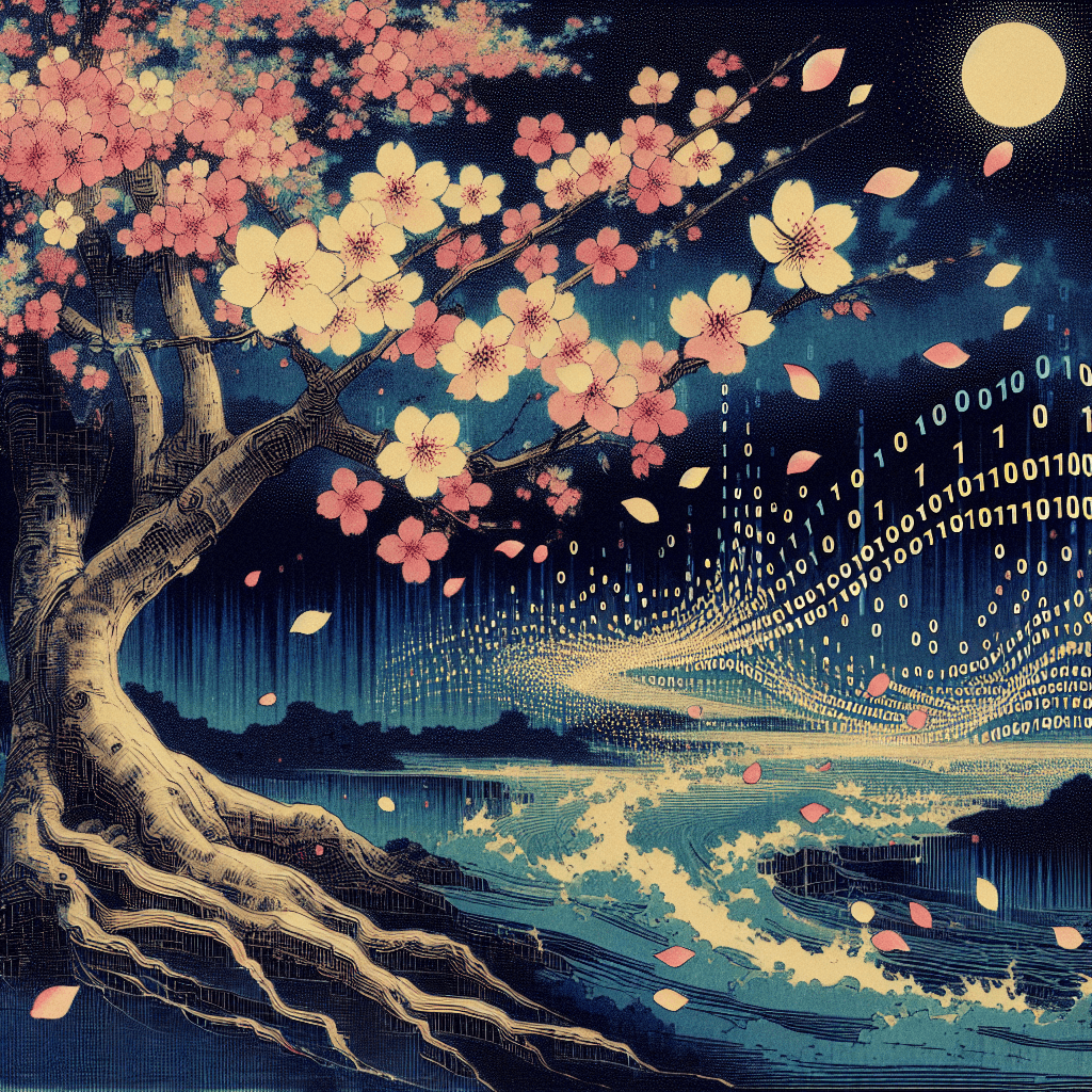 Create an image depicting a night of artistic exploration related to the promise of spring, incorporating elements of AI.