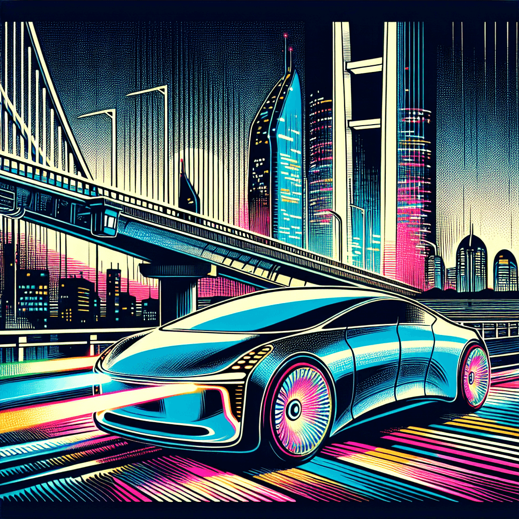 Create an image of a futuristic AI-powered car illuminated with vibrant lights, seamlessly cruising across a bridge connecting the islands of Bahrain, set against a backdrop of a modern skyline.