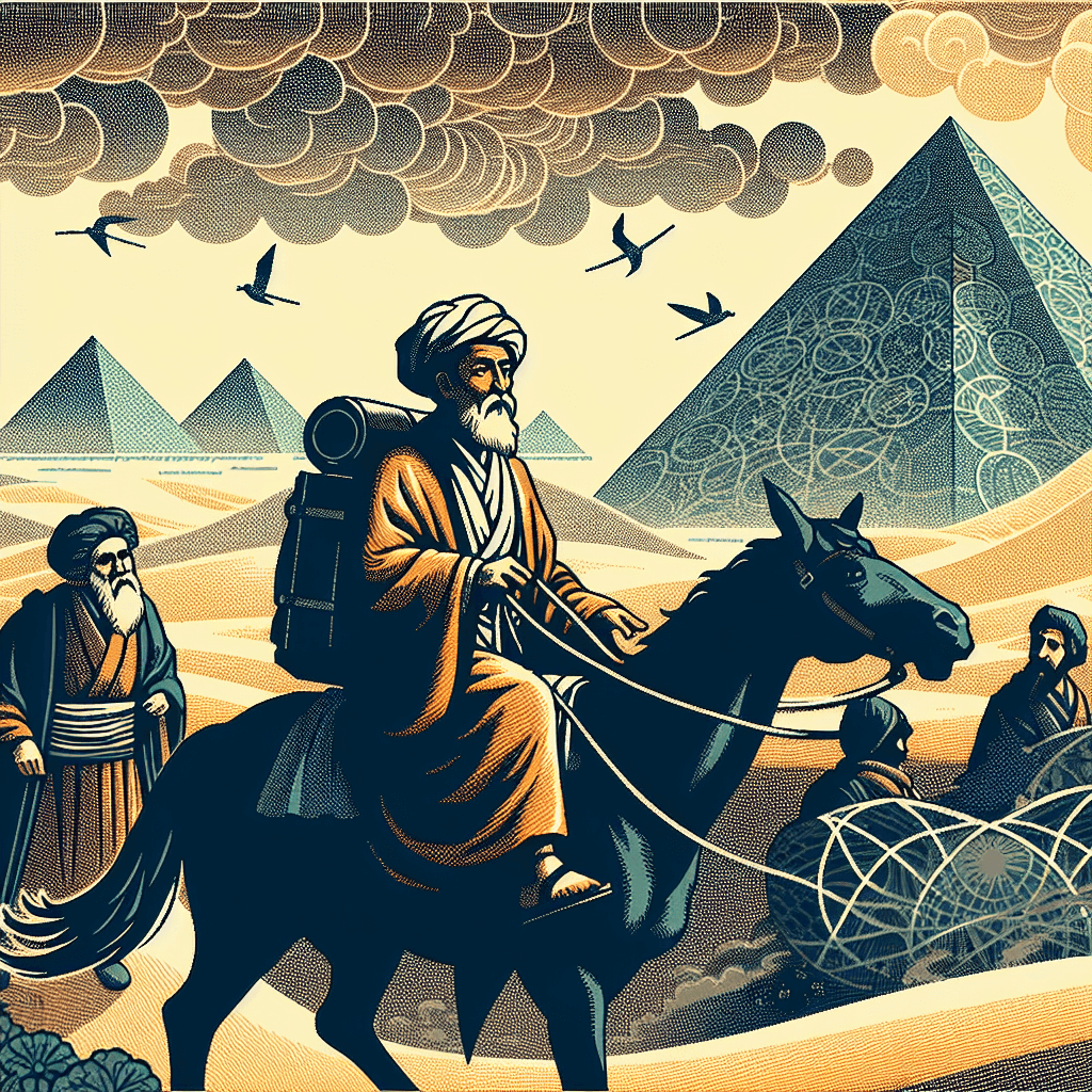 Create an image depicting Al-Khwarizmi, the renowned Persian mathematician, journeying to Renaissance Europe, symbolizing the influence of his mathematical innovations on the development of modern banking systems.