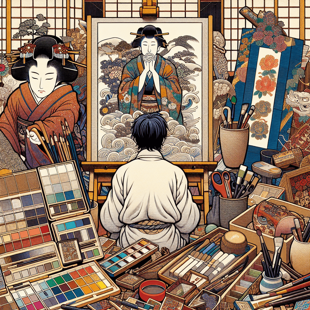 An artist waits in anticipation, surrounded by various art supplies, eager to start creating but unsure of the next topic or theme for their blog post.