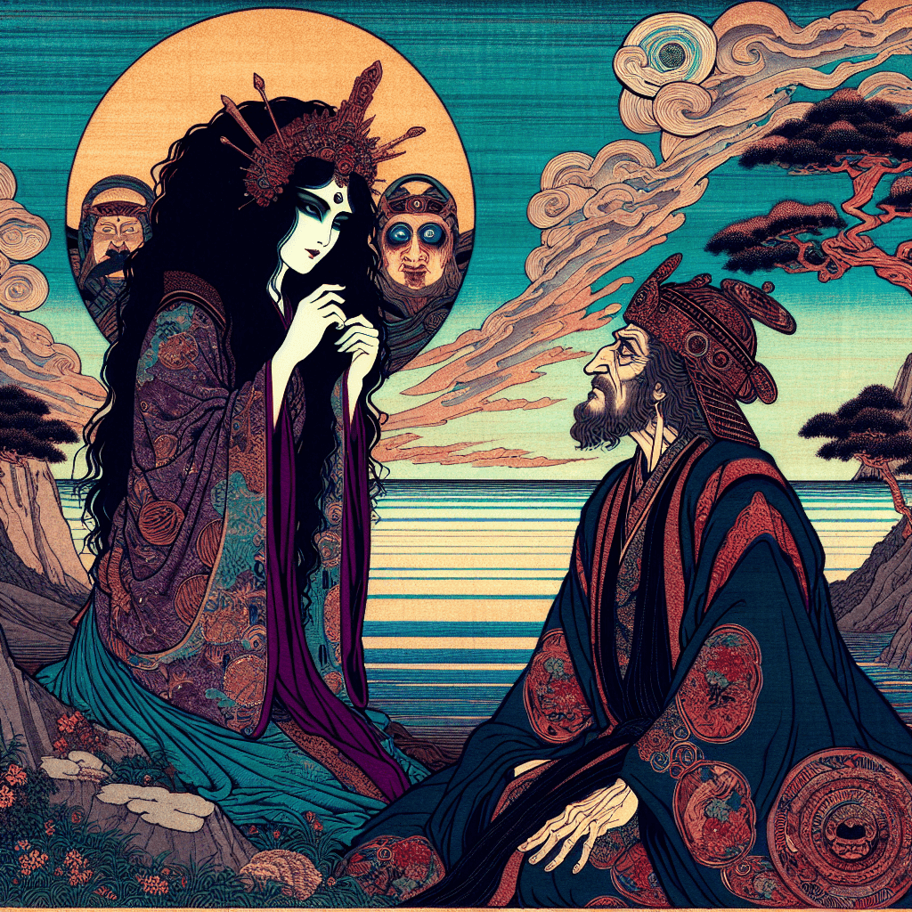 Create an image depicting an enigmatic encounter between Lilith and King Solomon.