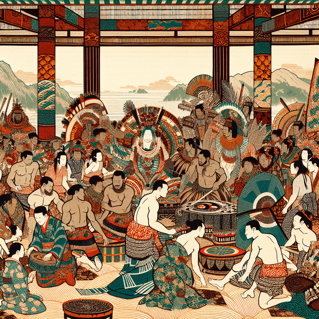 Create an image depicting the vibrant cultural traditions and practices of Tonga, highlighting elements such as traditional attire, dance, music, and community gatherings.