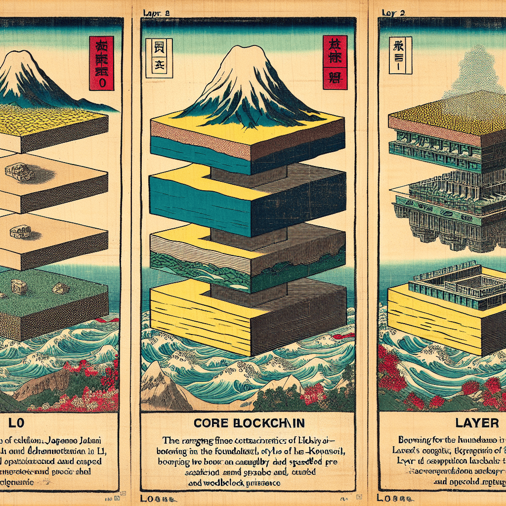 Create an image depicting the multi-layered structure of blockchain technology, illustrating the foundational Layer 0 (L0), the core blockchain Layer 1 (L1), the scalability and speed-focused Layer 2 (L2), and the application and user interface Layer 3 (L3).