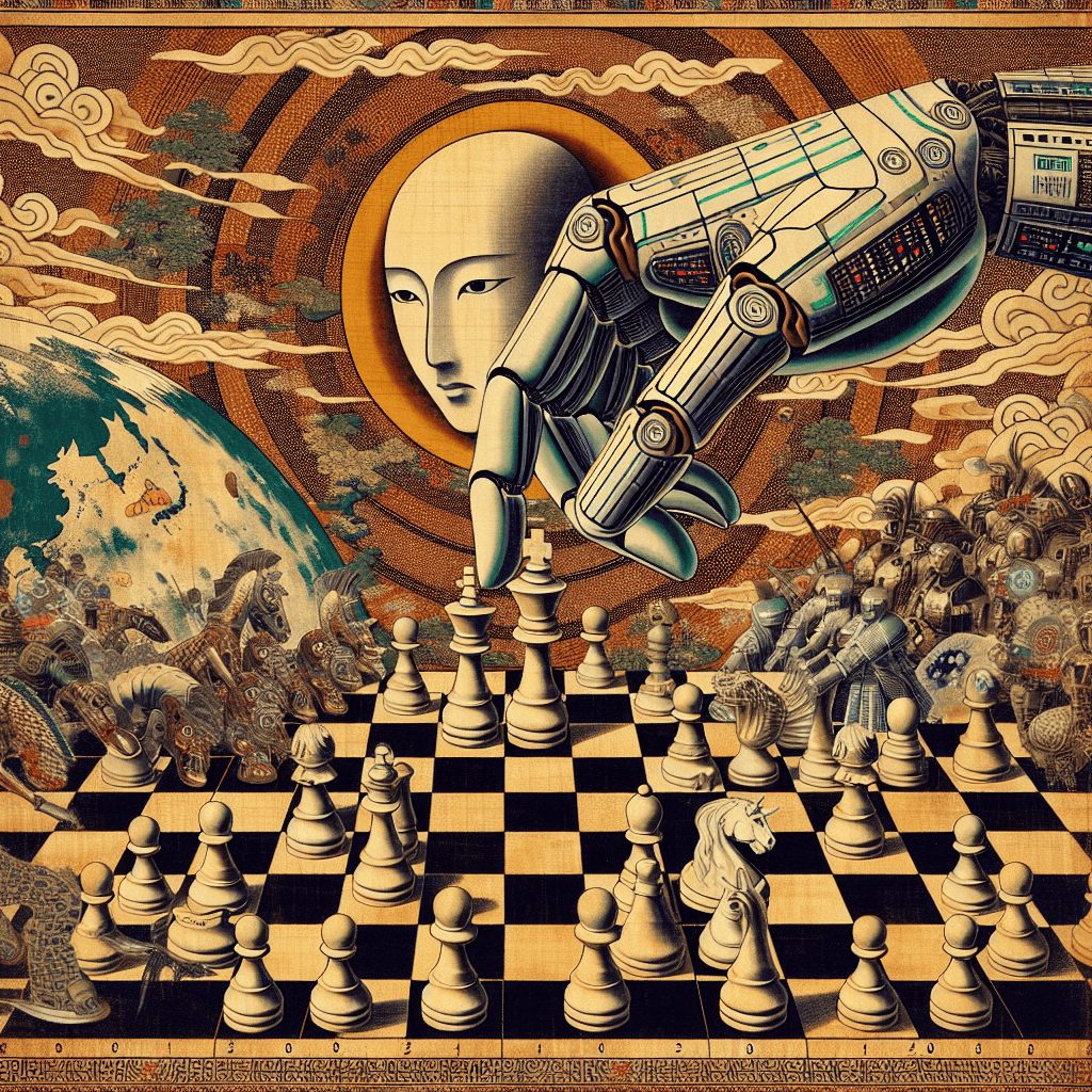 Create an image depicting the concept of artificial intelligence in the context of a global geopolitical chessboard.