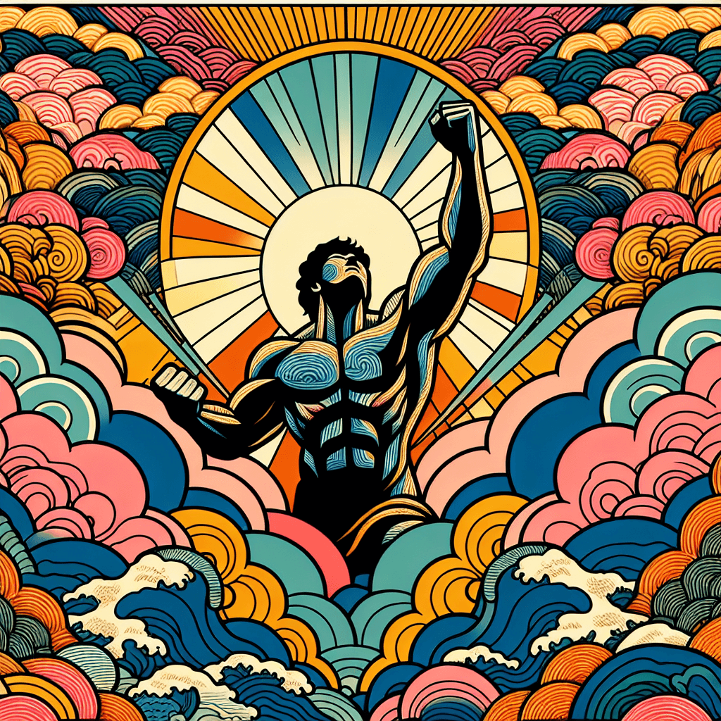 Create an image depicting a powerful breakthrough, symbolized by Hexagram 43 (Kuai), showing the triumph of clarity and determination over obstacles.