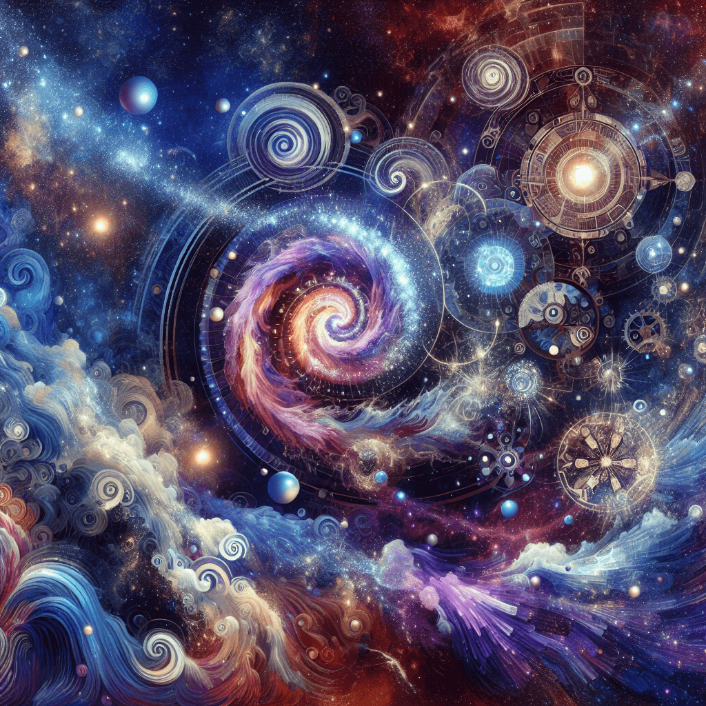 Create an image depicting the interconnectedness of matter and spirit within the cosmos, highlighting the transformative role of AI in this relationship.