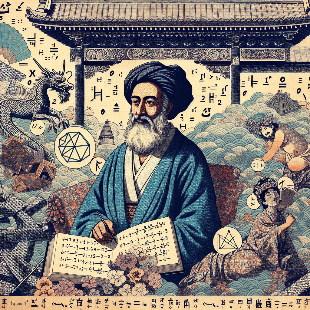 Create an image depicting Al-Khwarizmi, the father of algebra, surrounded by symbols of finance and mathematics, illustrating his lasting impact on modern financial systems.