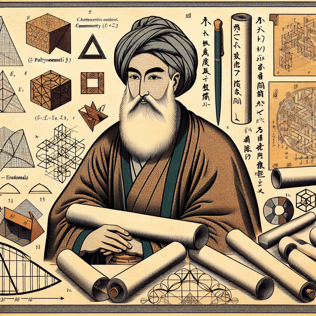 Create an image depicting Al-Khwarizmi in the 9th century, surrounded by scrolls and geometric tools, illustrating his work on polynomials and the concept of implicit continuity in algebra.