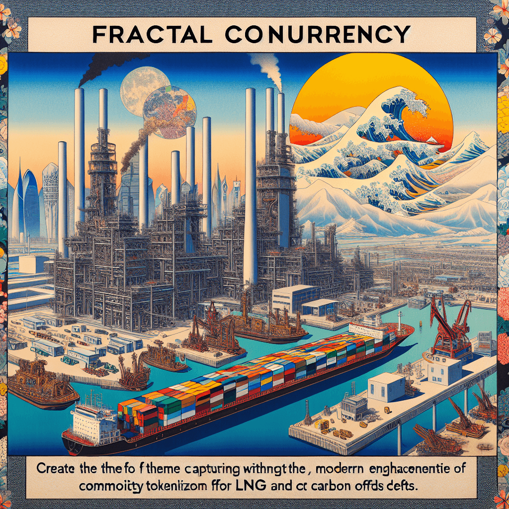Create an image depicting the concept of fractal concurrency in Qatar, illustrating the enhancement of commodity tokenization for LNG and carbon offsets, with a focus on technology and sustainability themes.