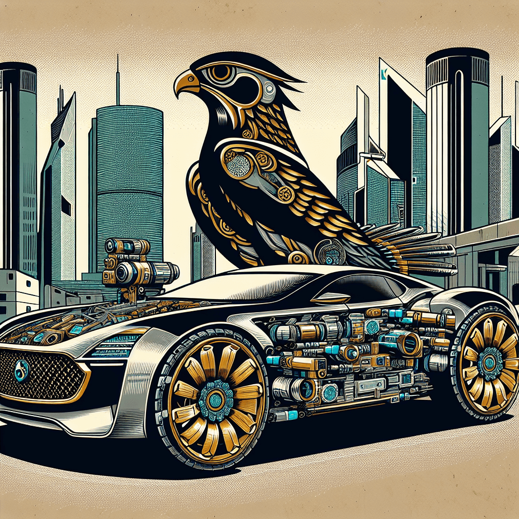 Create an image of a luxurious, futuristic royal car in Saudi Arabia, featuring a falcon motif and advanced AI technology, set against a backdrop of a modern cityscape.