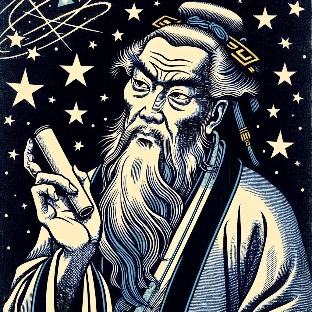 Create an image of Duke Zhou, a revered ancient Chinese sage, gazing at the stars with a scroll in hand, symbolizing wisdom and celestial guidance.