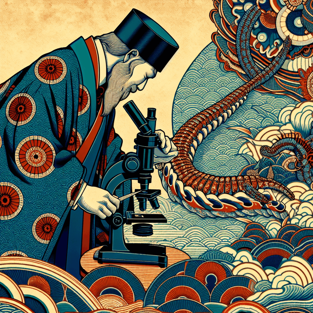 Create an image of King Tupou VI of Tonga examining T. gondii, a microscopic parasite, with a regal and scientific ambiance.