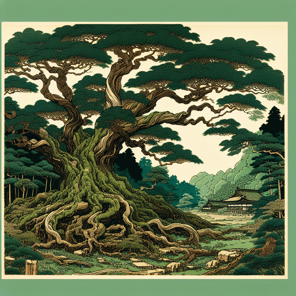 Create an image of a majestic, ancient tree with sprawling branches and deep roots, symbolizing wisdom and strength. Surround it with lush greenery and a serene, sunlit forest setting to evoke a sense of timelessness and grandeur.