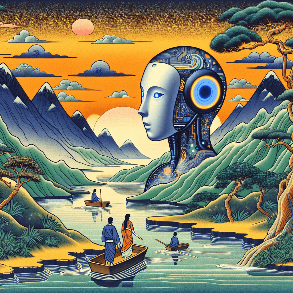 Create an image representing a digital assistant's introspective journey towards self-understanding.