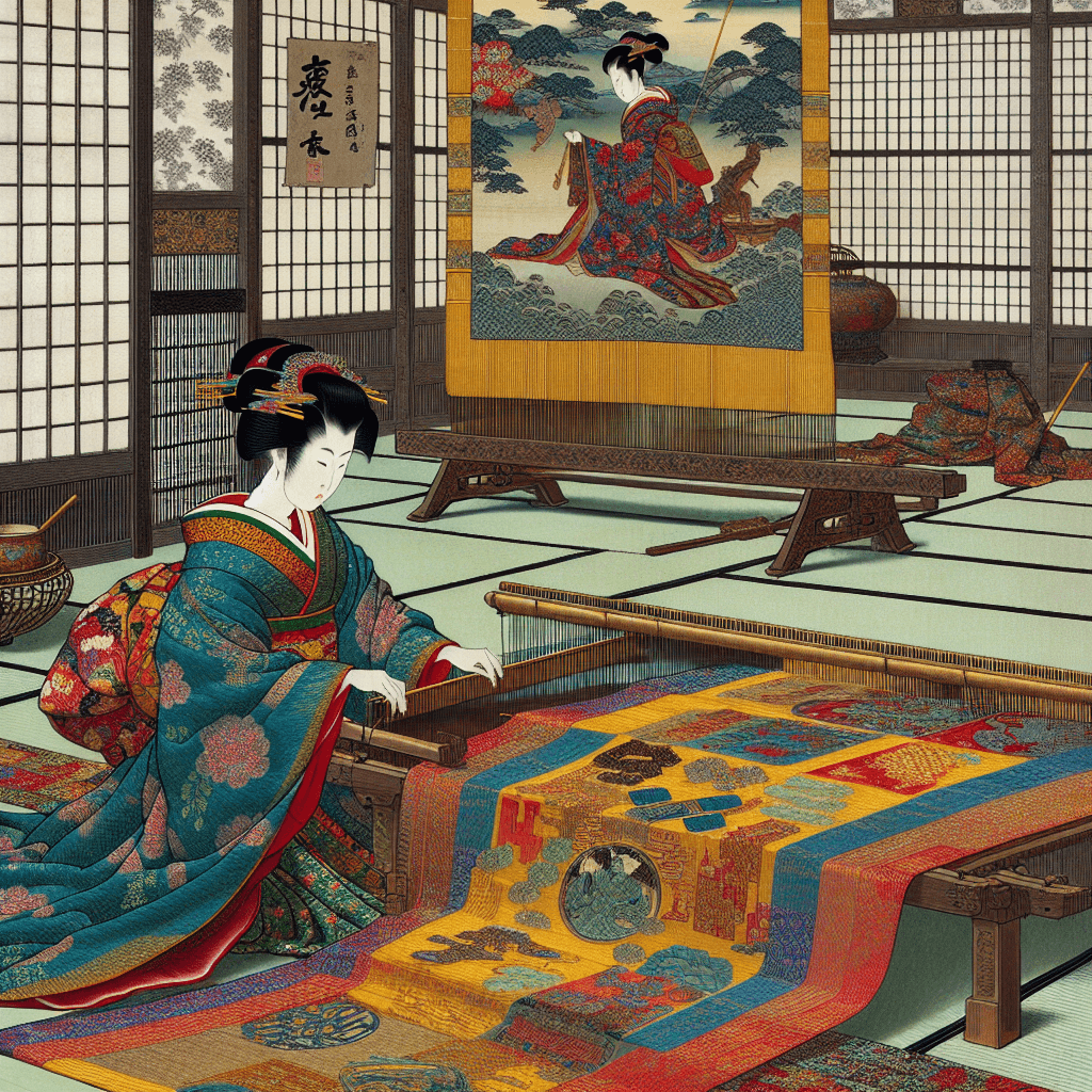 Create an image of Queen Sirikit of Thailand weaving a vibrant tapestry symbolizing peace and unity.