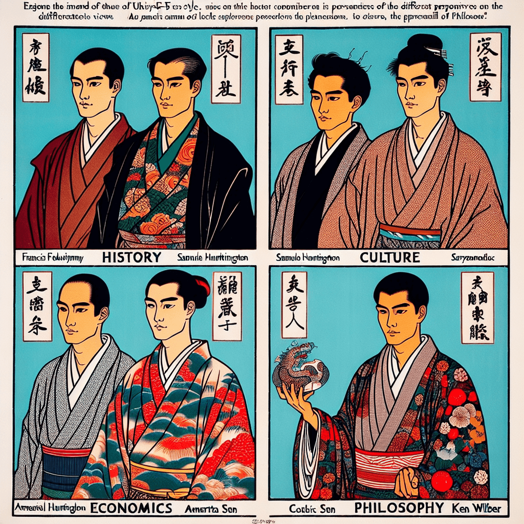 Create an image that visually represents the contrasting perspectives of Francis Fukuyama, Samuel Huntington, Amartya Sen, and Ken Wilber, highlighting their differing views on history, culture, economics, and philosophy.
