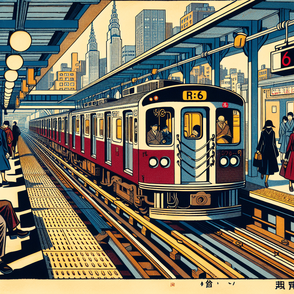 Create an image depicting vintage 1960s subway trains, specifically models R26, R28, and R29, on the 6 Line in New York City.