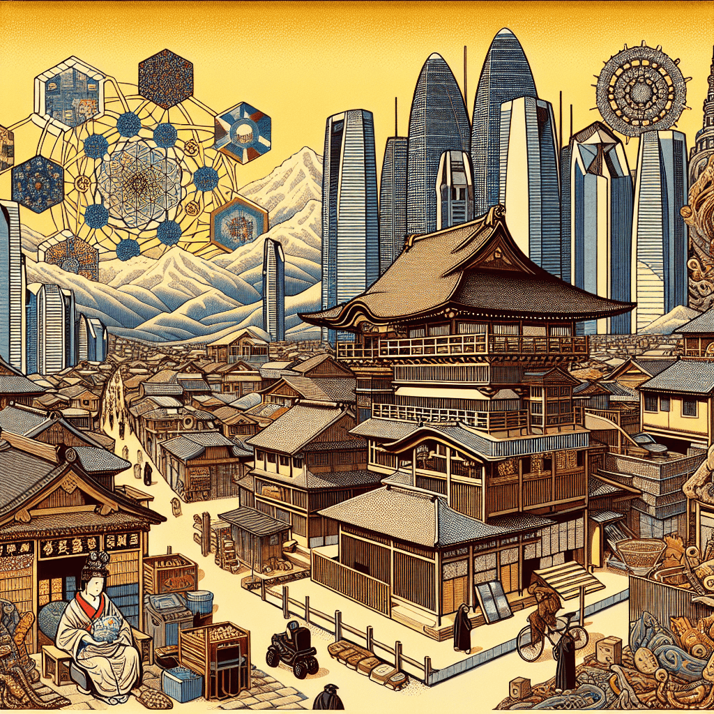 Create an image depicting the integration of fractal concurrency within the cultural and ethical landscape of Jordan, highlighting a harmonious blend of traditional Jordanian elements and modern technological concepts.