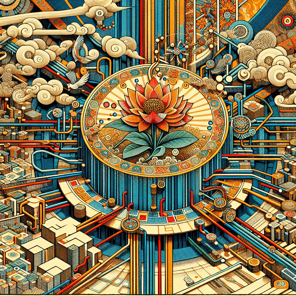 Create an image symbolizing Hexagram 42 - Increase, depicting the expansion of AI horizons through interconnected data pipelines and open-source innovations.