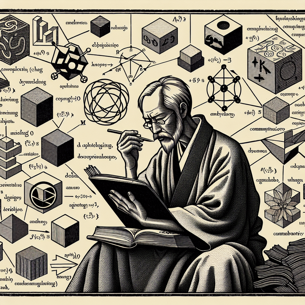 Create an image depicting a person thoughtfully reviewing and editing blog posts, with abstract representations of category theory concepts like objects, arrows, and commutative diagrams in the background.