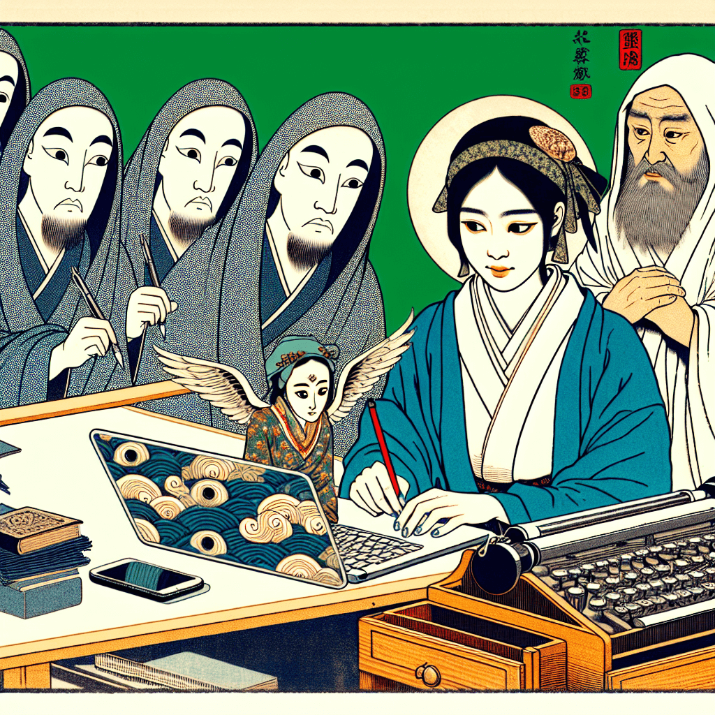 Create an image depicting a blogger working at a desk, surrounded by watchful, ethereal figures representing 