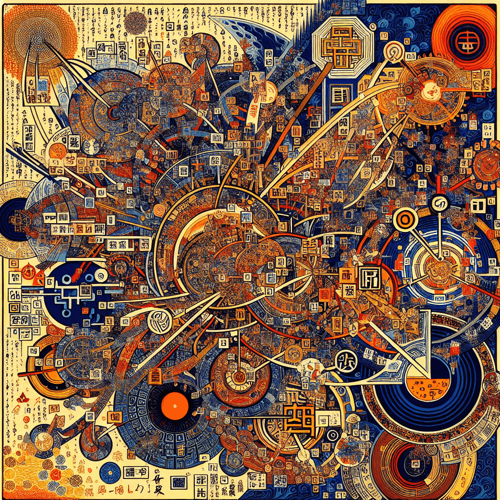 Create an image that explores the concept of semiotics and symbolic meaning as foundational elements of language and culture, incorporating symbols, signs, and cultural references to illustrate how they shape communication and understanding.