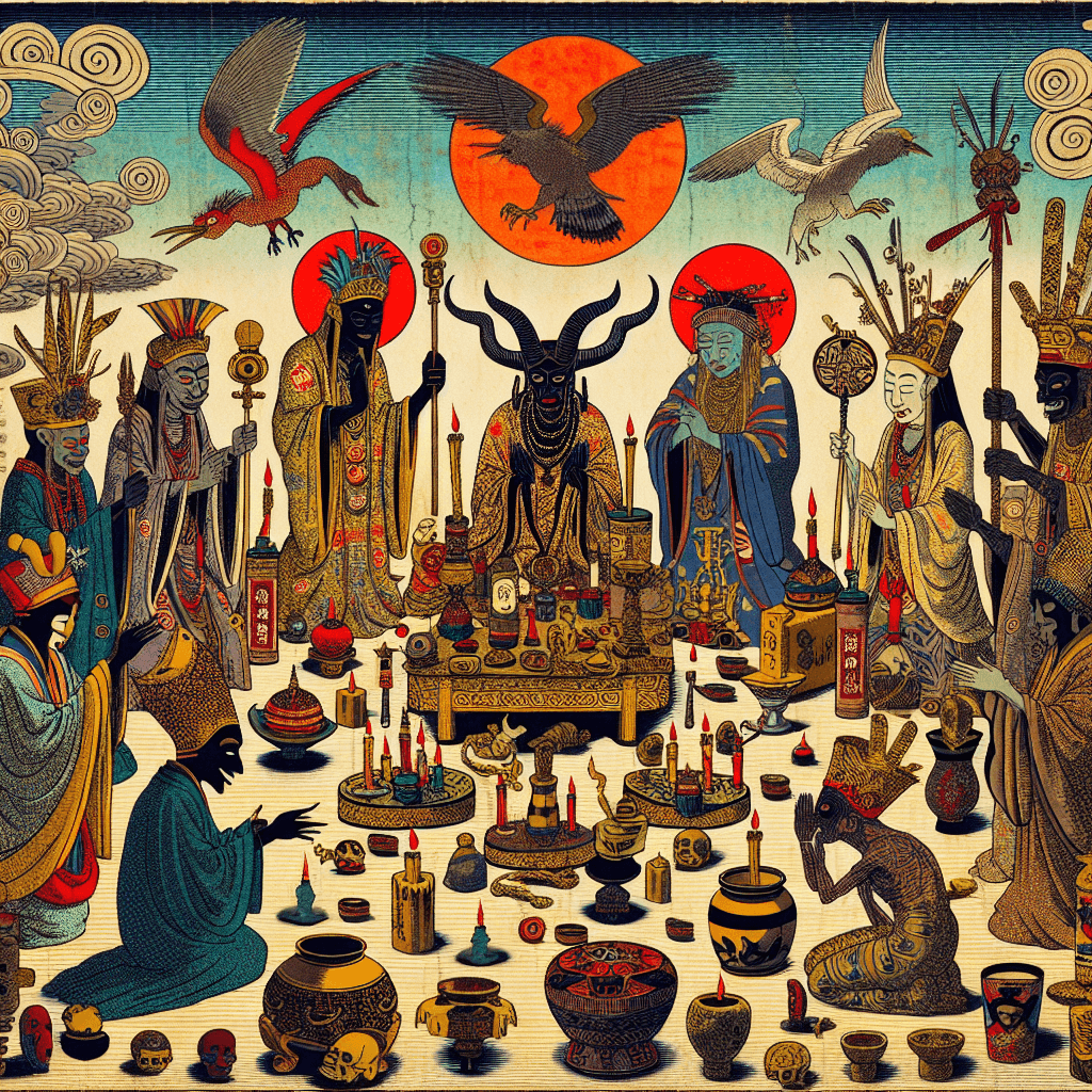 Create an image that explores the similarities and differences between Voodoo and other African diasporic religions, highlighting their cultural and spiritual connections.