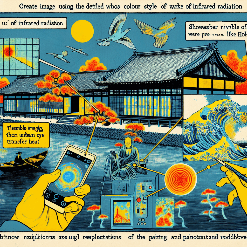 Create an image depicting the concept of infrared radiation, illustrating its invisible nature to the human eye, its ability to transfer heat, and its applications in everyday life such as thermal imaging, remote controls, and night-vision technology.