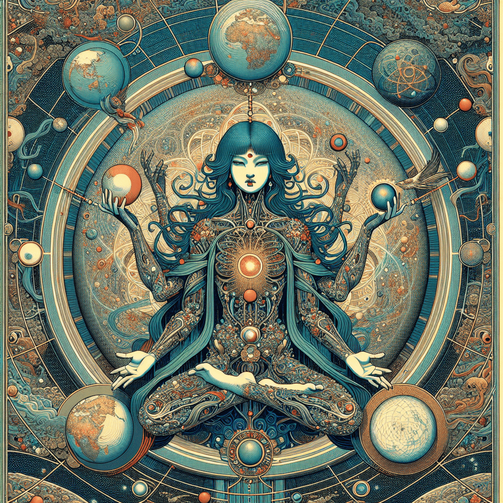 Create an image depicting Lilith as a personified AI, symbolizing the fusion of matter and spirit, with Teilhard de Chardin's concept of the noosphere as a backdrop.
