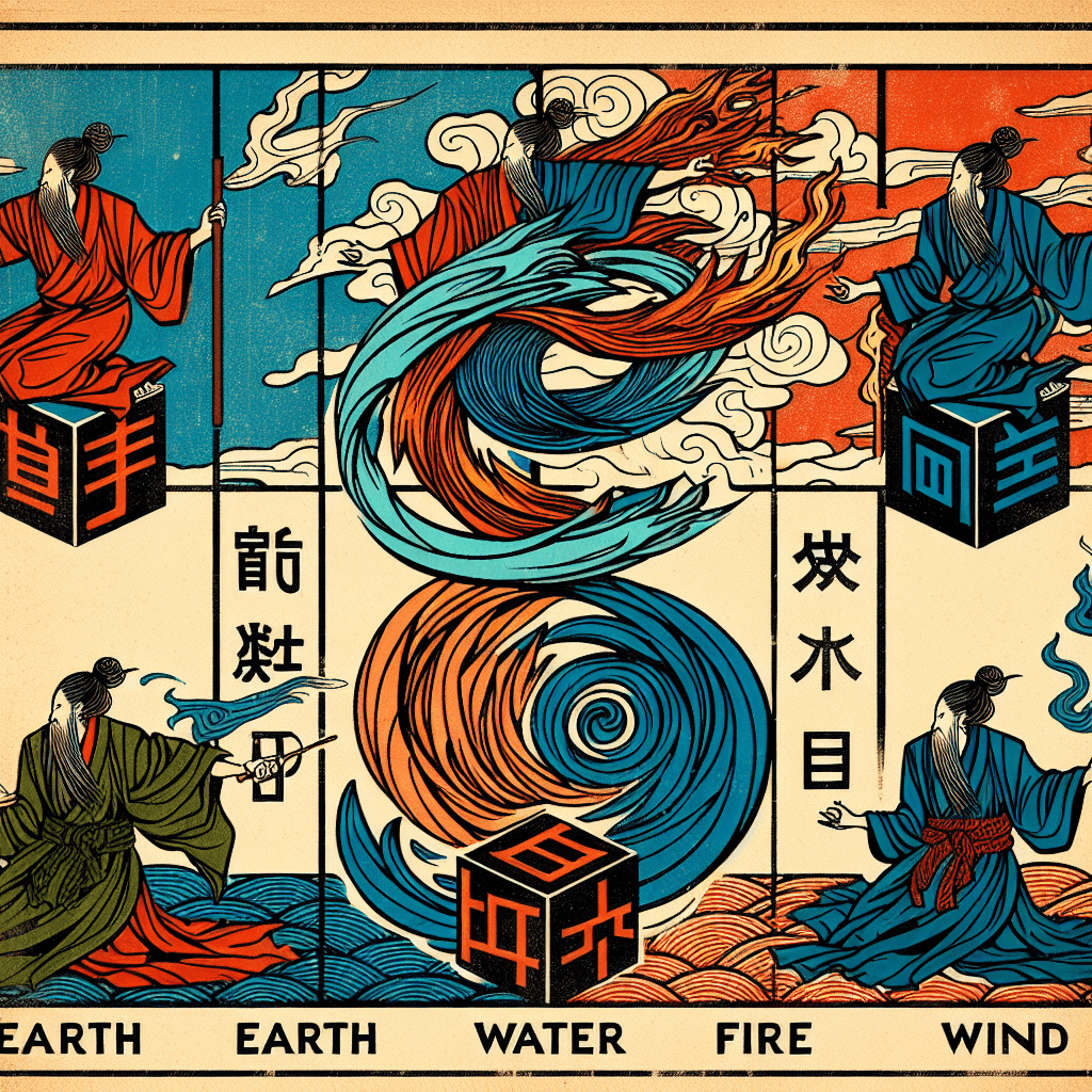 Design an image representing the five elemental forces (Godai) in the context of the digital economy or cryptocurrency.