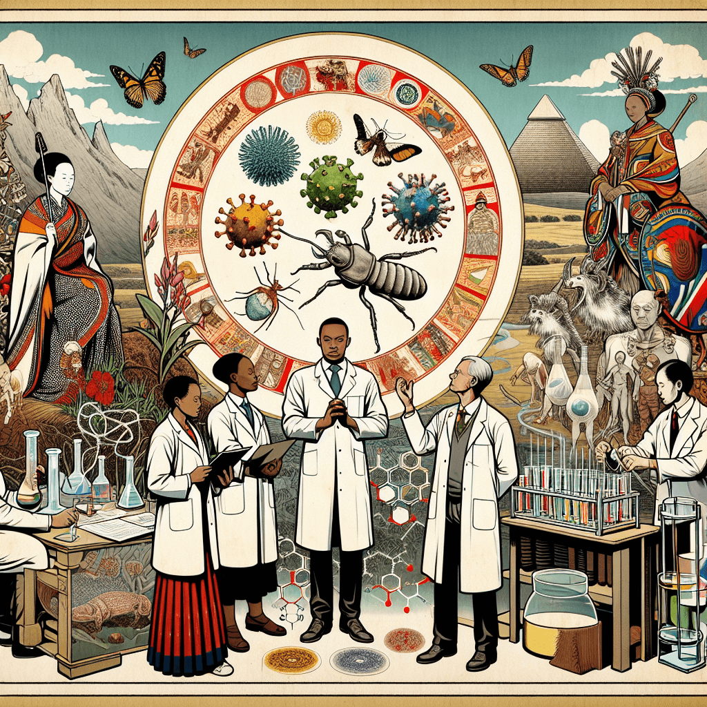 Create an image of King Letsie III of Lesotho engaging with scientists or researchers, symbolizing his involvement in understanding the parasite T. gondii, with elements representing both Lesotho and scientific research.