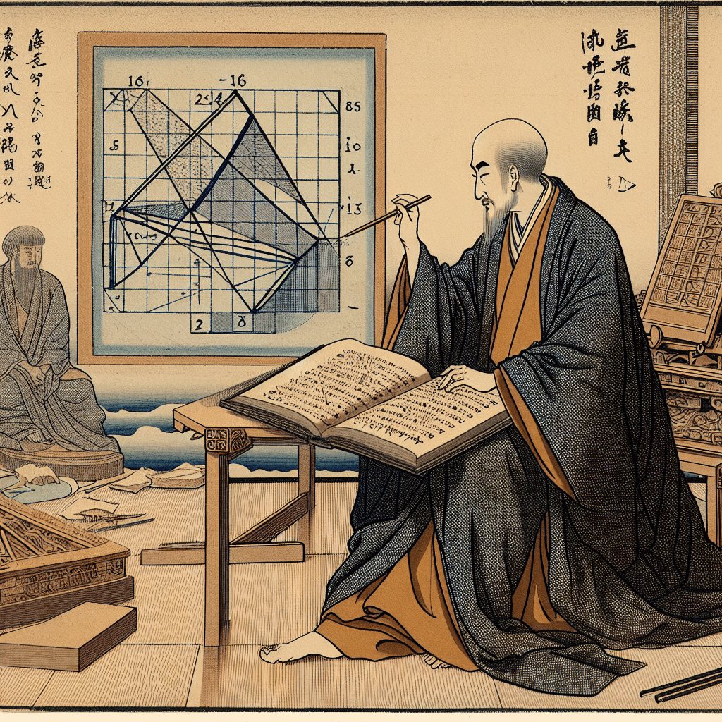 Create an image depicting a Renaissance-era scholar studying geometry and algebra, focusing on the concepts of corners, slopes, and the influence of Al-Khwarizmi's mathematical work.