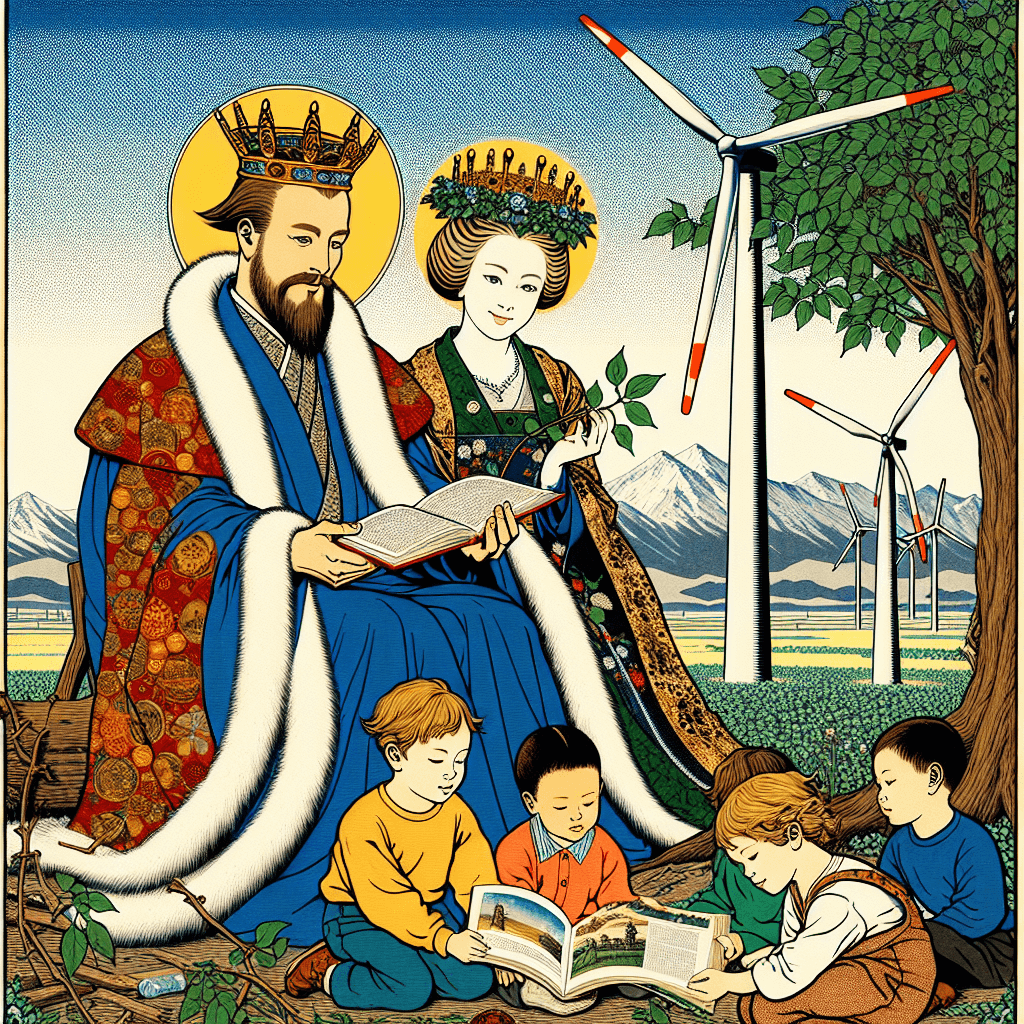 Create an image depicting the Swedish monarchy engaged in various cultural, environmental, and social initiatives, highlighting their interests and active involvement in these areas.