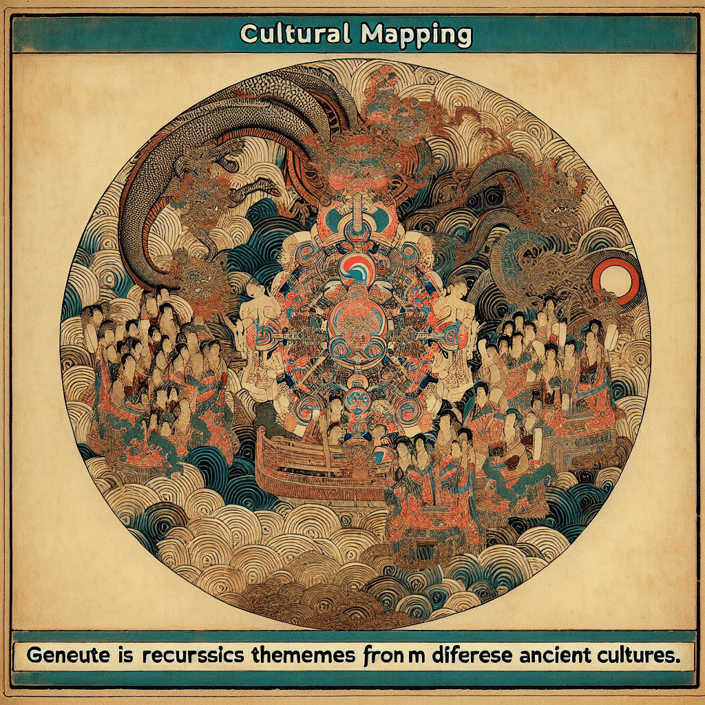 Create an image that visually represents the concept of cultural mapping by illustrating recursive motifs from Norse, Buddhist, and Egyptian traditions, highlighting their unique patterns and interconnectedness.