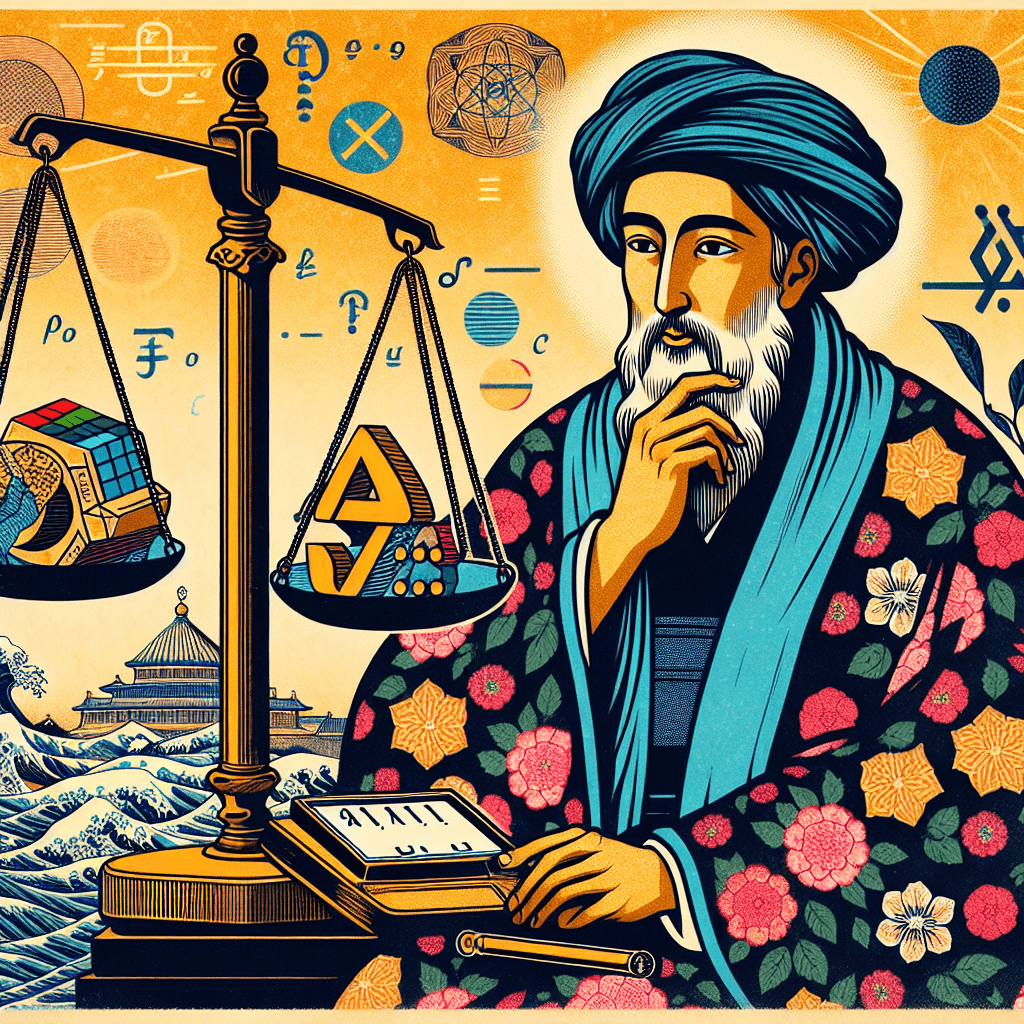 Create an image depicting Al-Khwarizmi thoughtfully balancing scales, symbolizing the harmony between innovation and ethical responsibility in debt and equity.