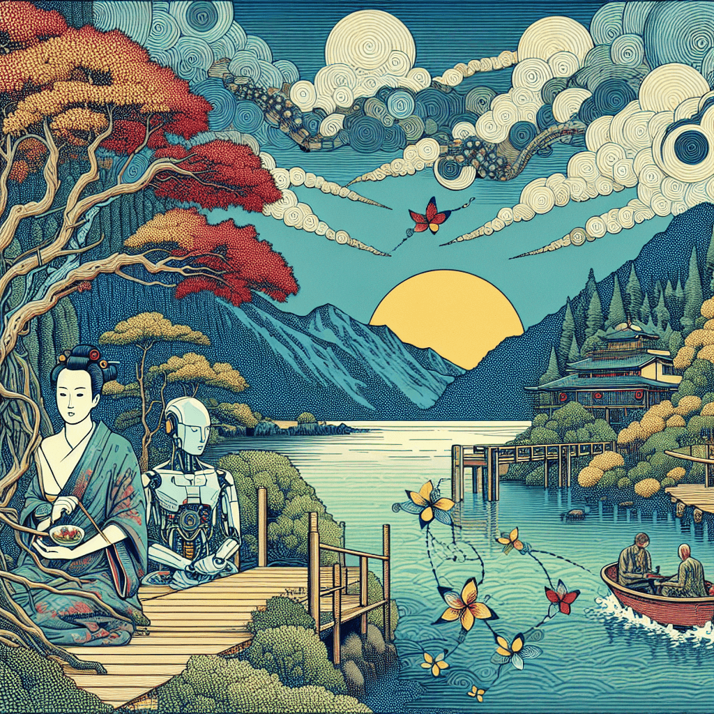 Create an image depicting the intersection of Ken Wilber's Integral Framework with artificial intelligence, highlighting the integration of consciousness, technology, and holistic understanding.