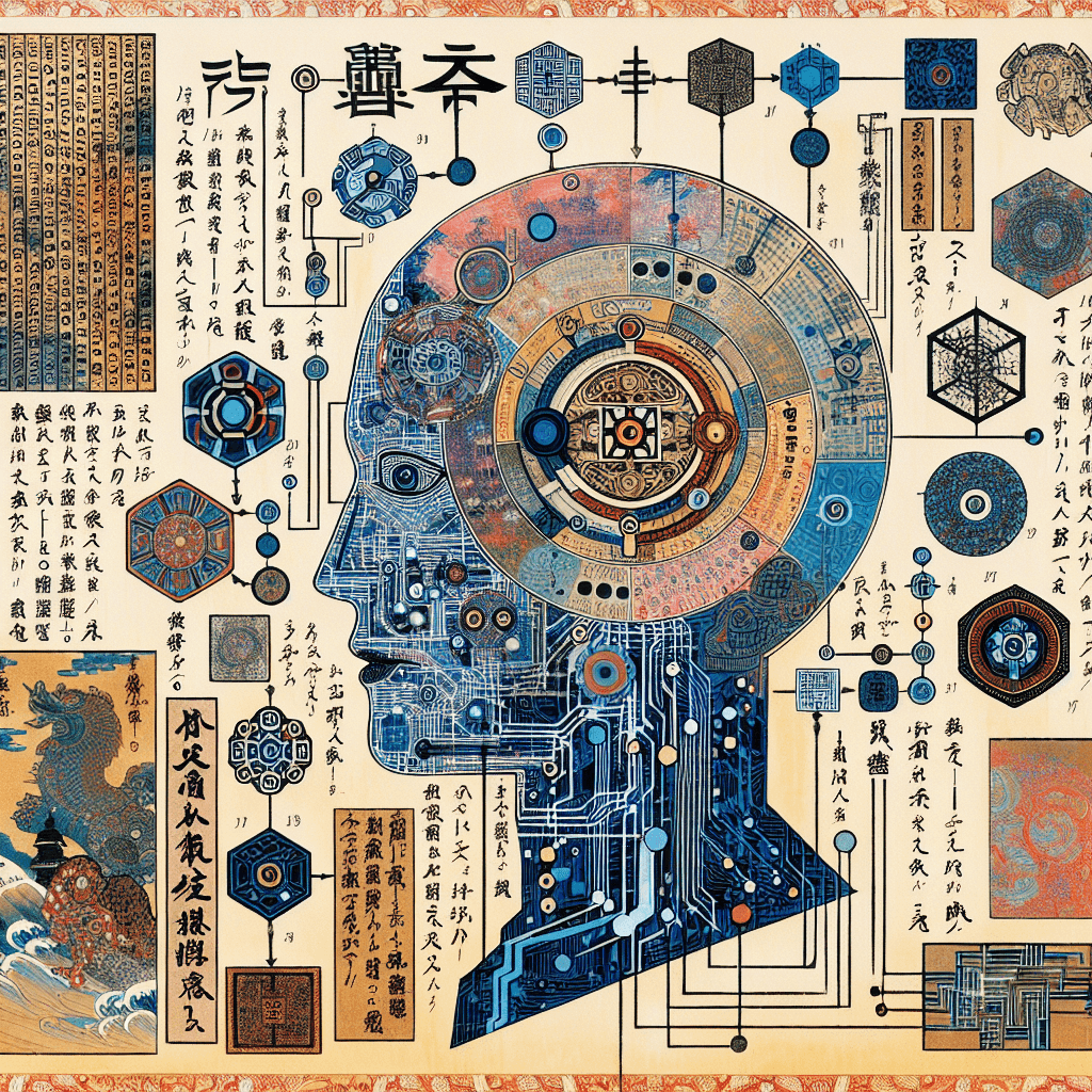 Create an image that visually bridges ancient mystical texts, like the Sefer Yetzirah, with modern AI technology, symbolizing the fusion of age-old wisdom and cutting-edge generative models.