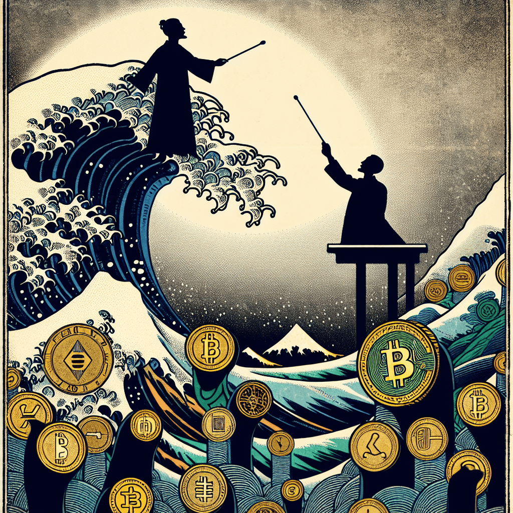 Create an image illustrating Satoshi's mysterious influence on the cryptocurrency market.