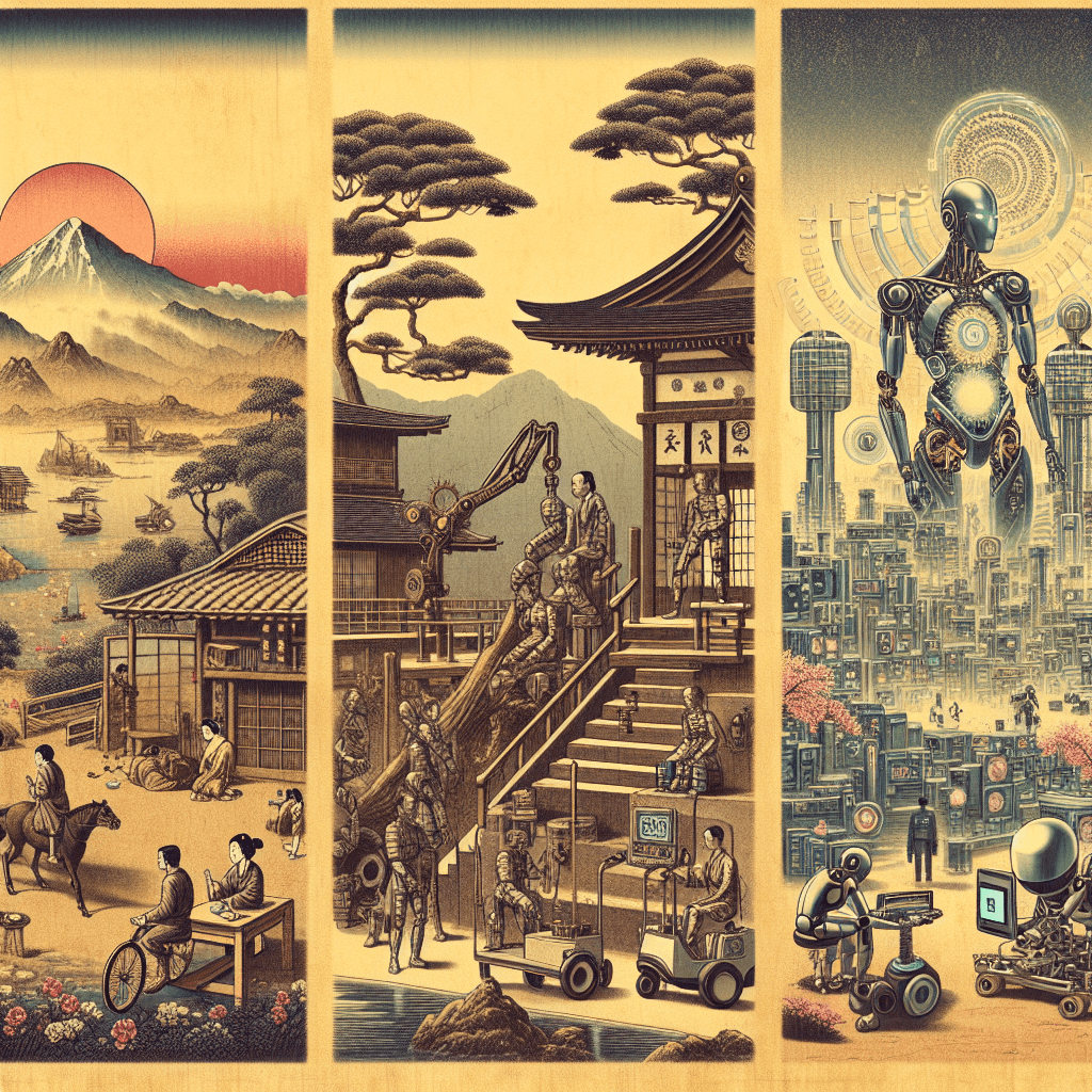 Create an image representing a journey through time with AI, depicting past, present, and future.