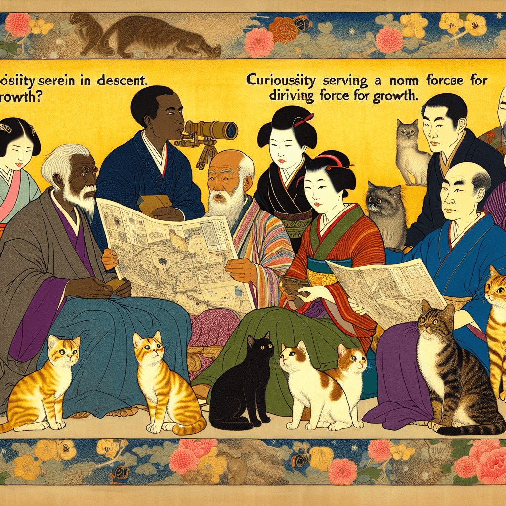 Create an image that depicts the concept of curiosity as a driving force for progress in both humans and cats.